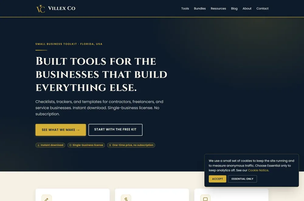 A live Villex Web build shown in a browser